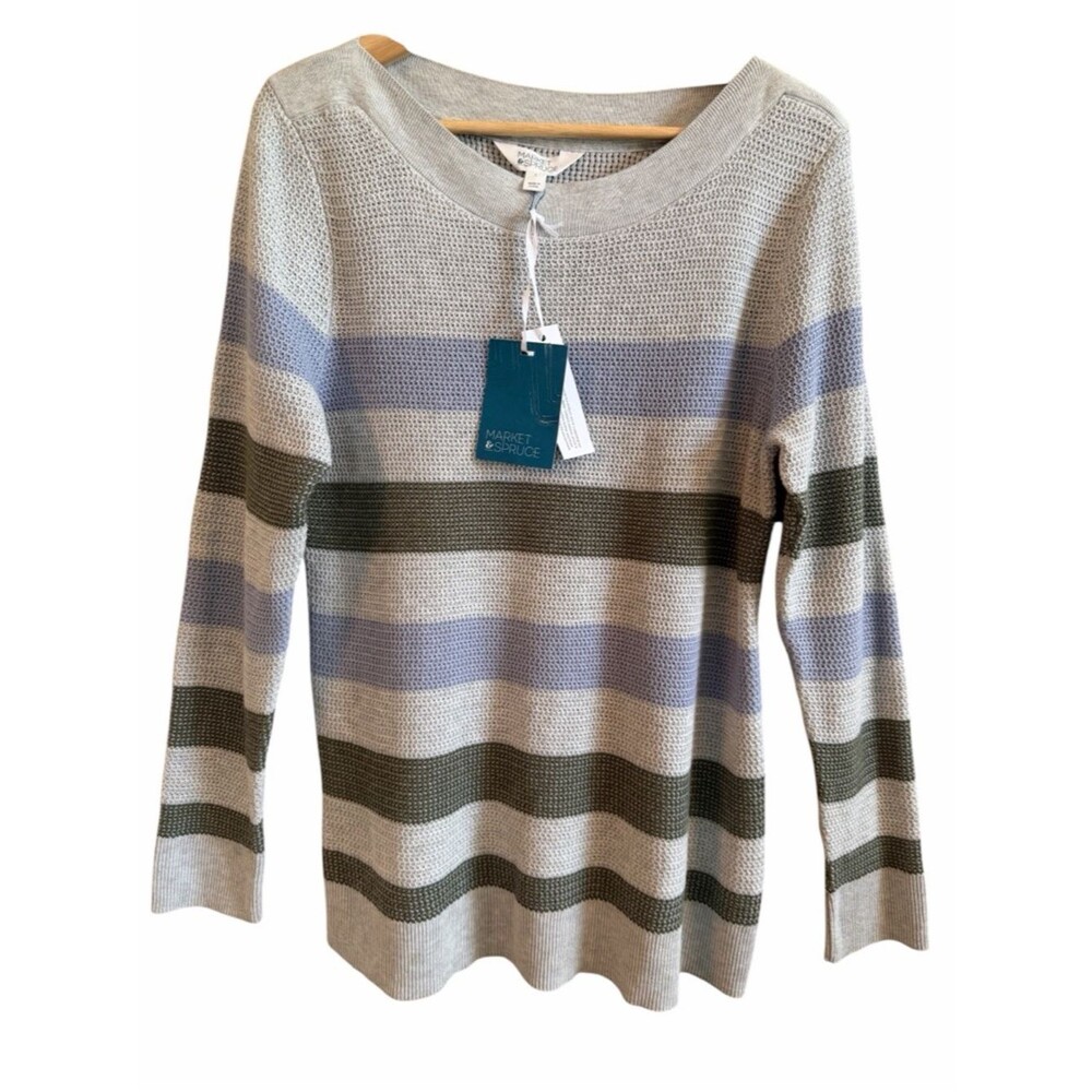 Market Spruce Womens L Gray Multicolor Striped Cotton Blend Waffle Knit Sweater